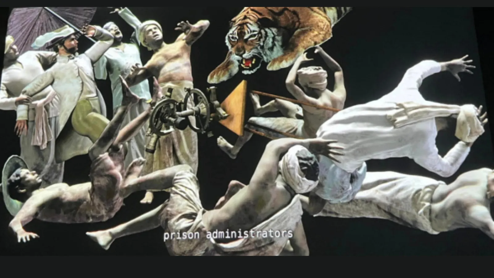 People in classic theatrical costumes with a leaping tiger coming over them on the top right