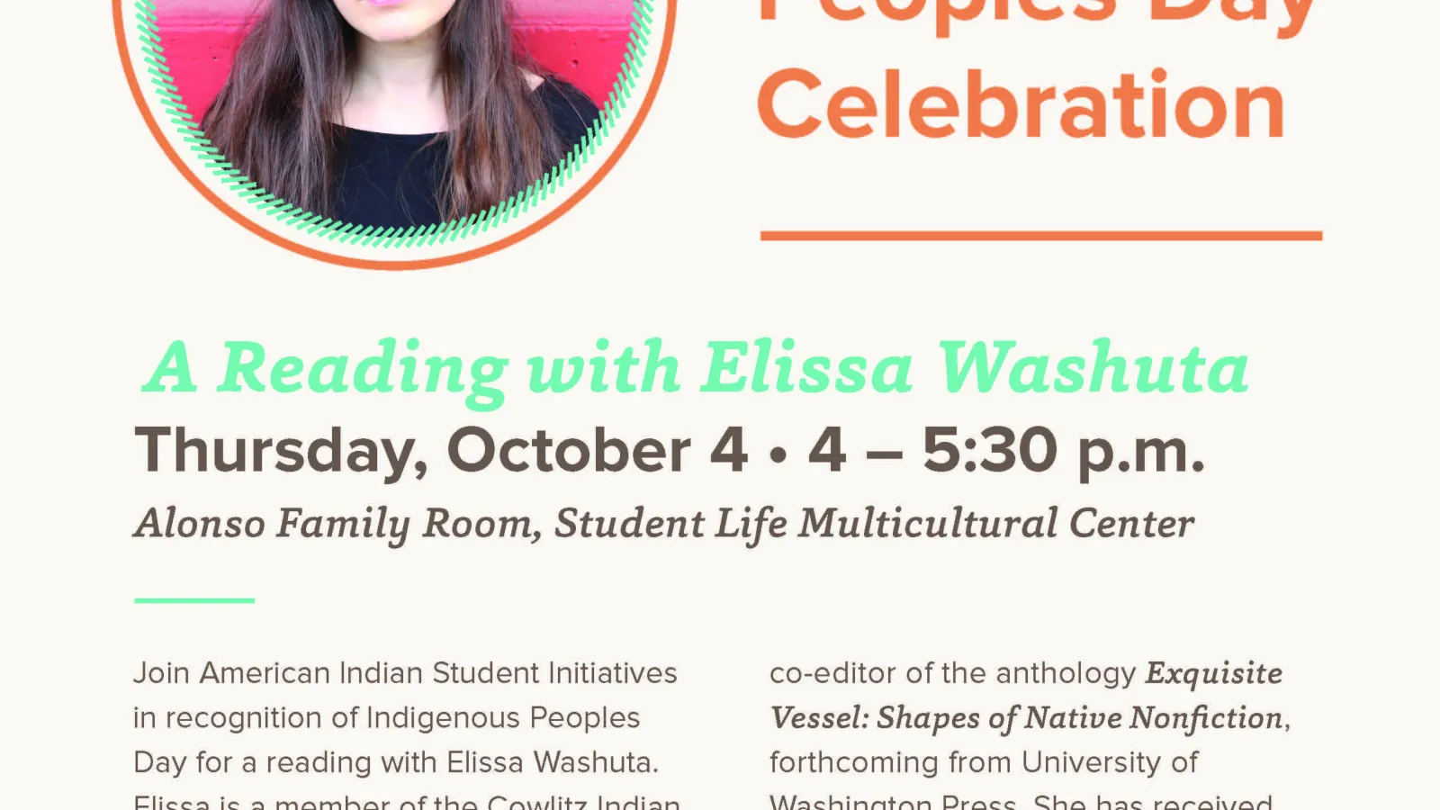Indigenous Peoples Day A reading with Elissa Washuta October 4 4 PM to 5:30 PM