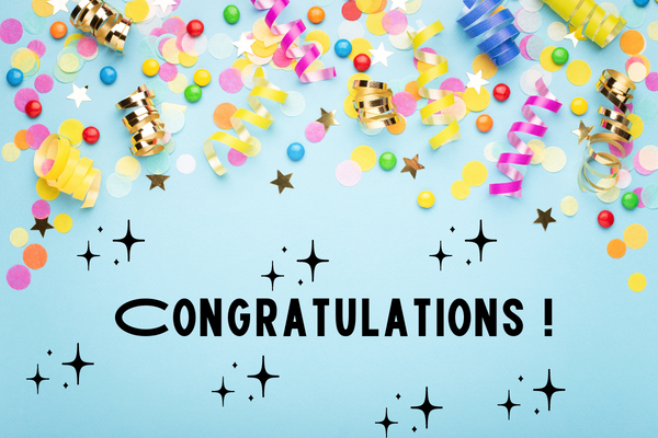 Image with confetti and streamers, and the word "congratulations."