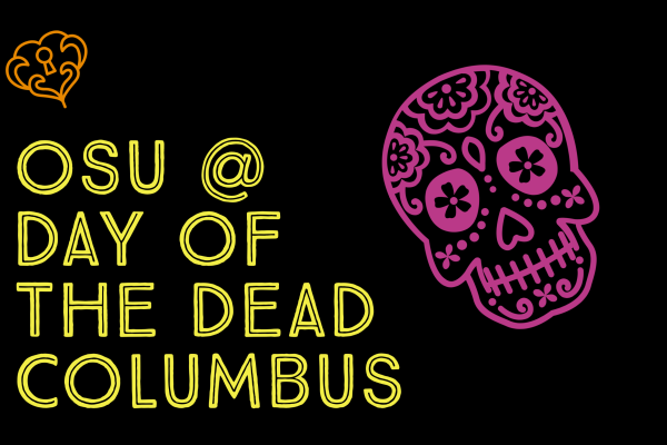 OSU at Day of the Dead with a pink neon sugar skull