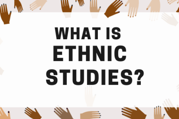 Hands in different skin tones surround a rectangle with the words What is Ethnic Studies