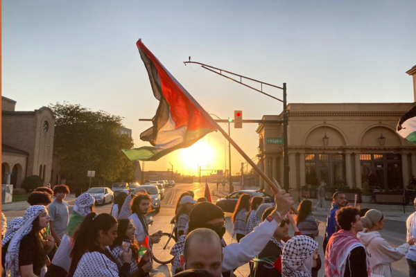 People crowded into a street are waving the Palestinian flag