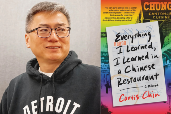 A photograph of Curtis Chin and the cover of Everything I Know, I Learned in a Chinese Restaurant