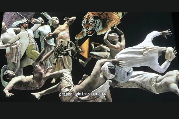 People in classic theatrical costumes with a leaping tiger coming over them on the top right