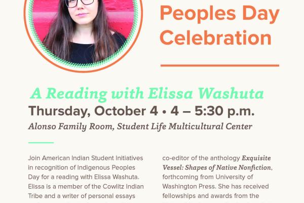 Presentation Flyer and Details Indigenous Peoples Day A reading with Elissa Washuta October 4 4 PM to 5:30 PM